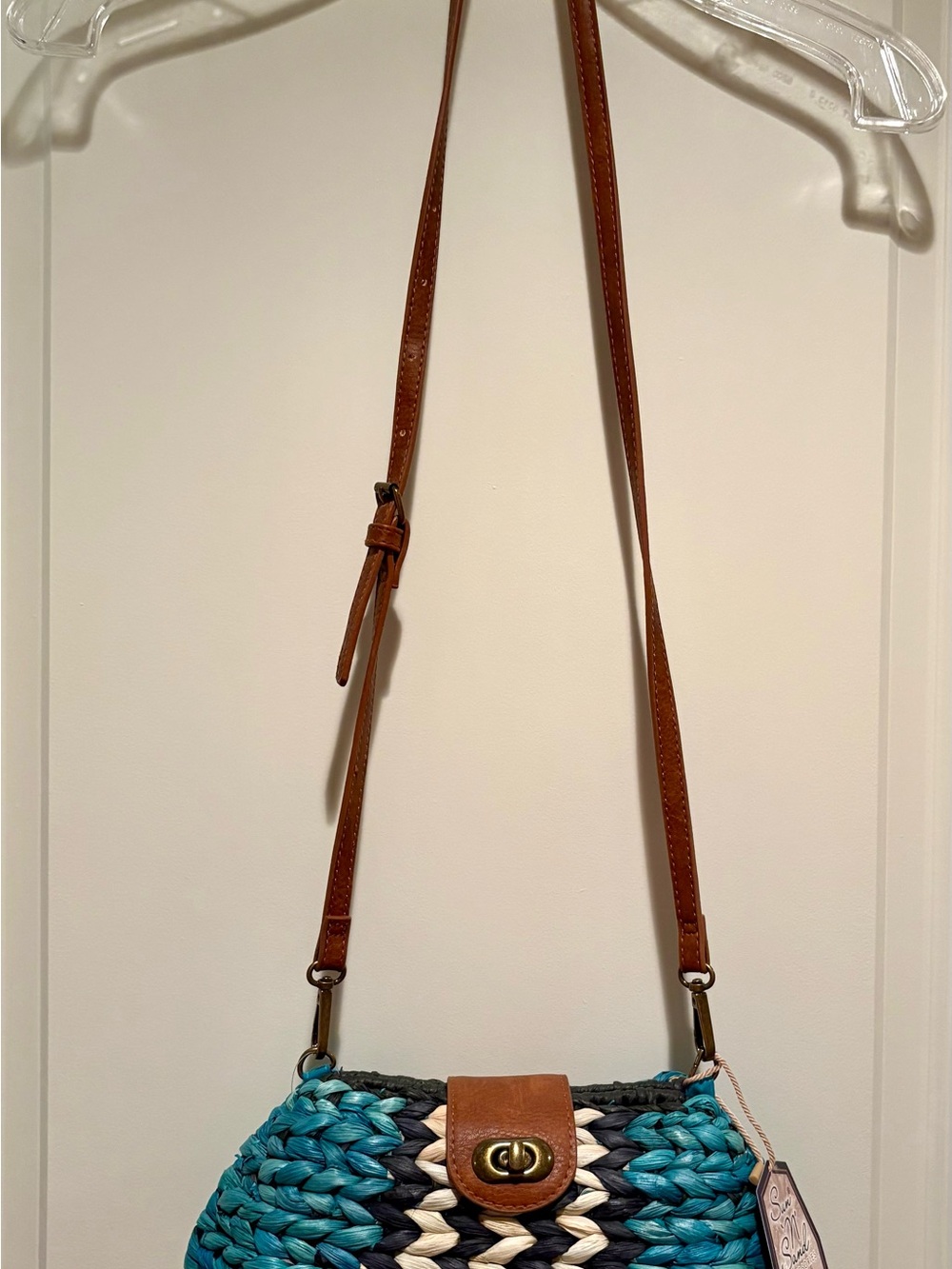 Braided Teal, Navy & Cream Crossbody Clutch with Brown Leather Strap